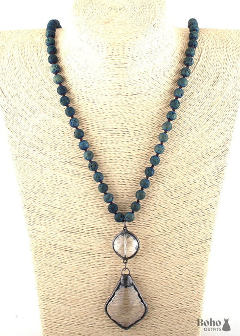 Boho Necklace, RH Antique Brass Lava Stone Glass